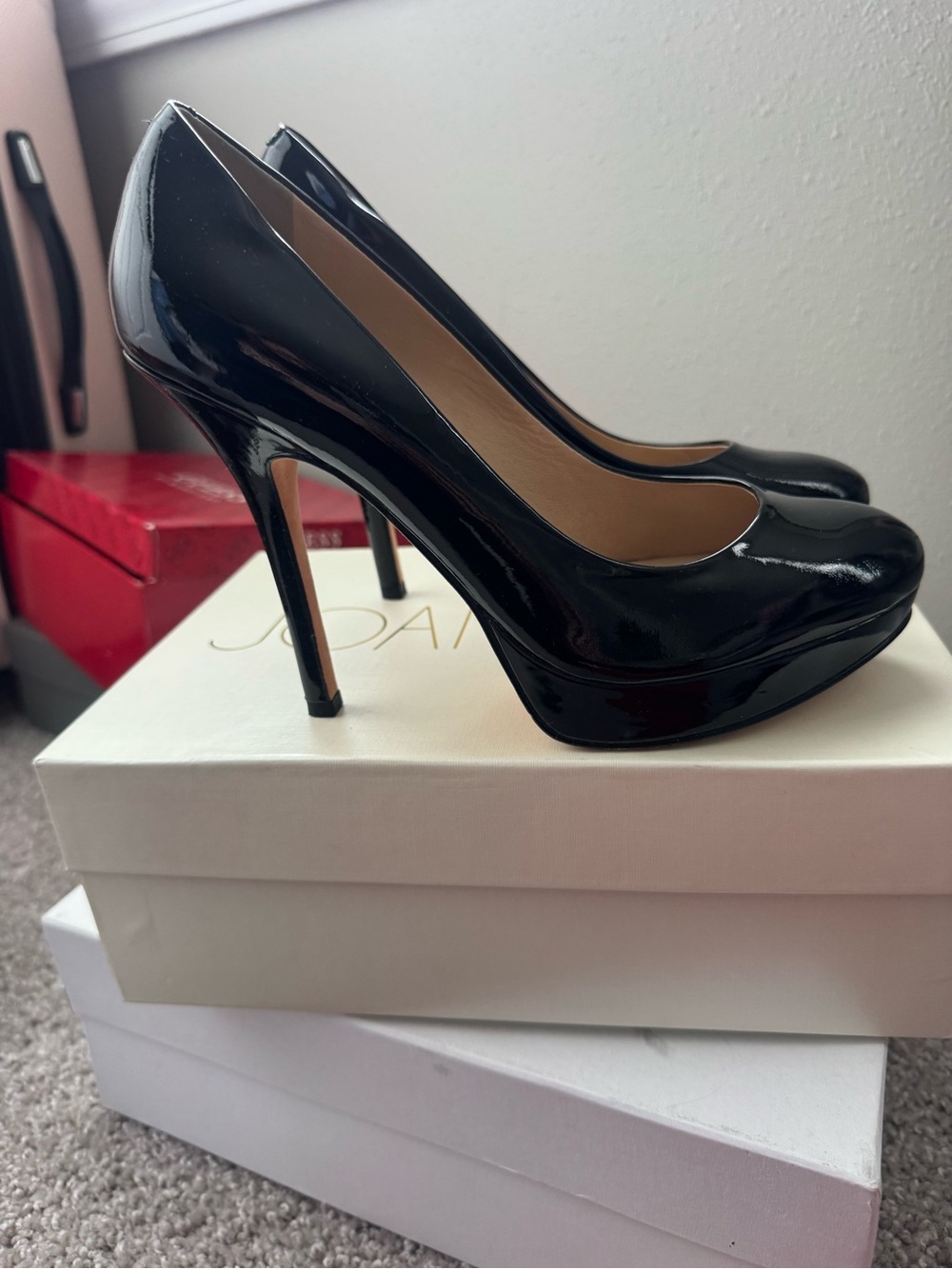 Joan & David Black Patent Platform Pumps